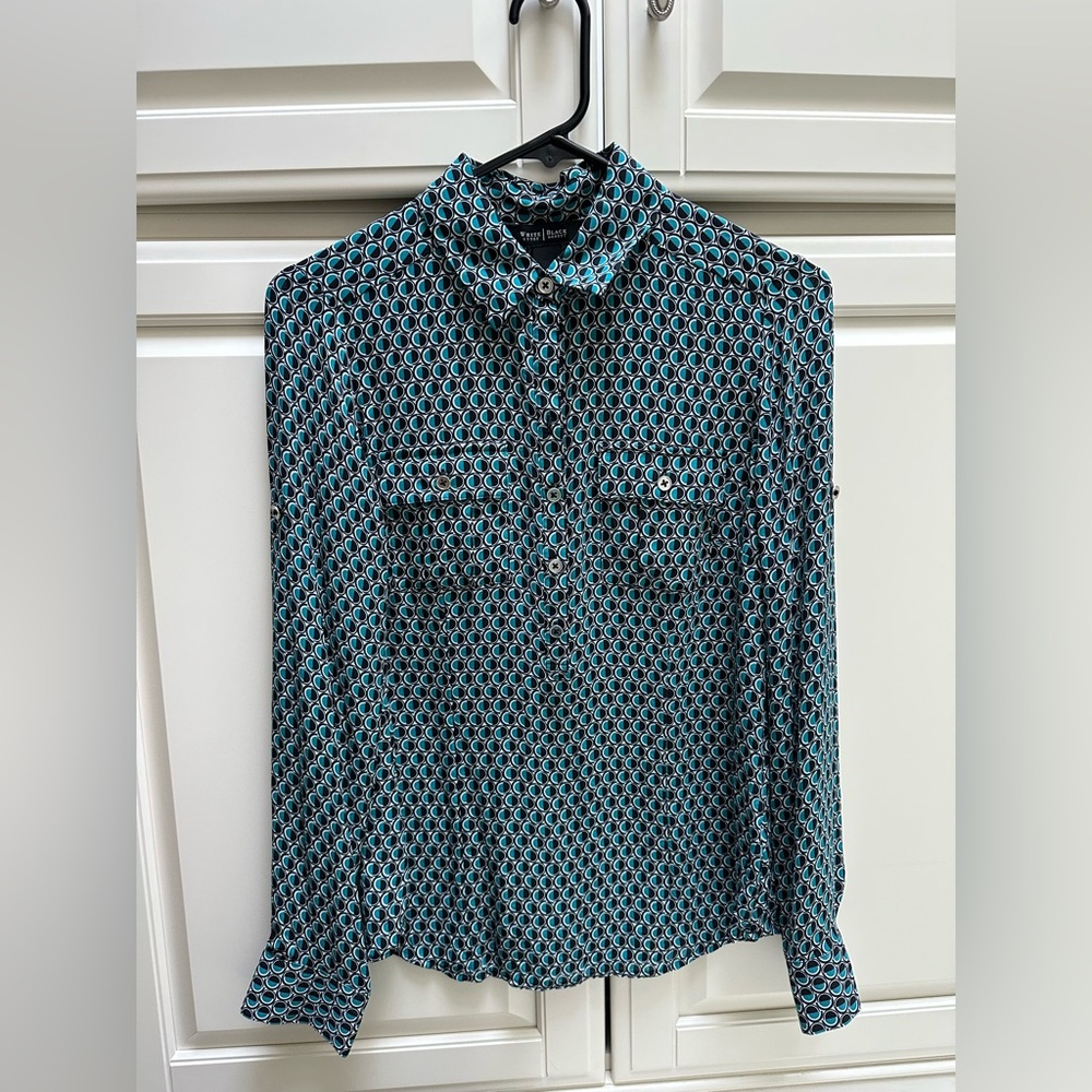 White House Black Market Turquoise and Black Silk Blouse